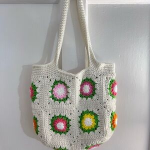 Source Unknown Crochet Tote Bag - Cream with Multicolor Floral Accents